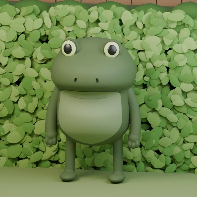 3D Bufo standing in front of a leafy bush, from Patrick's public video thumbnail.