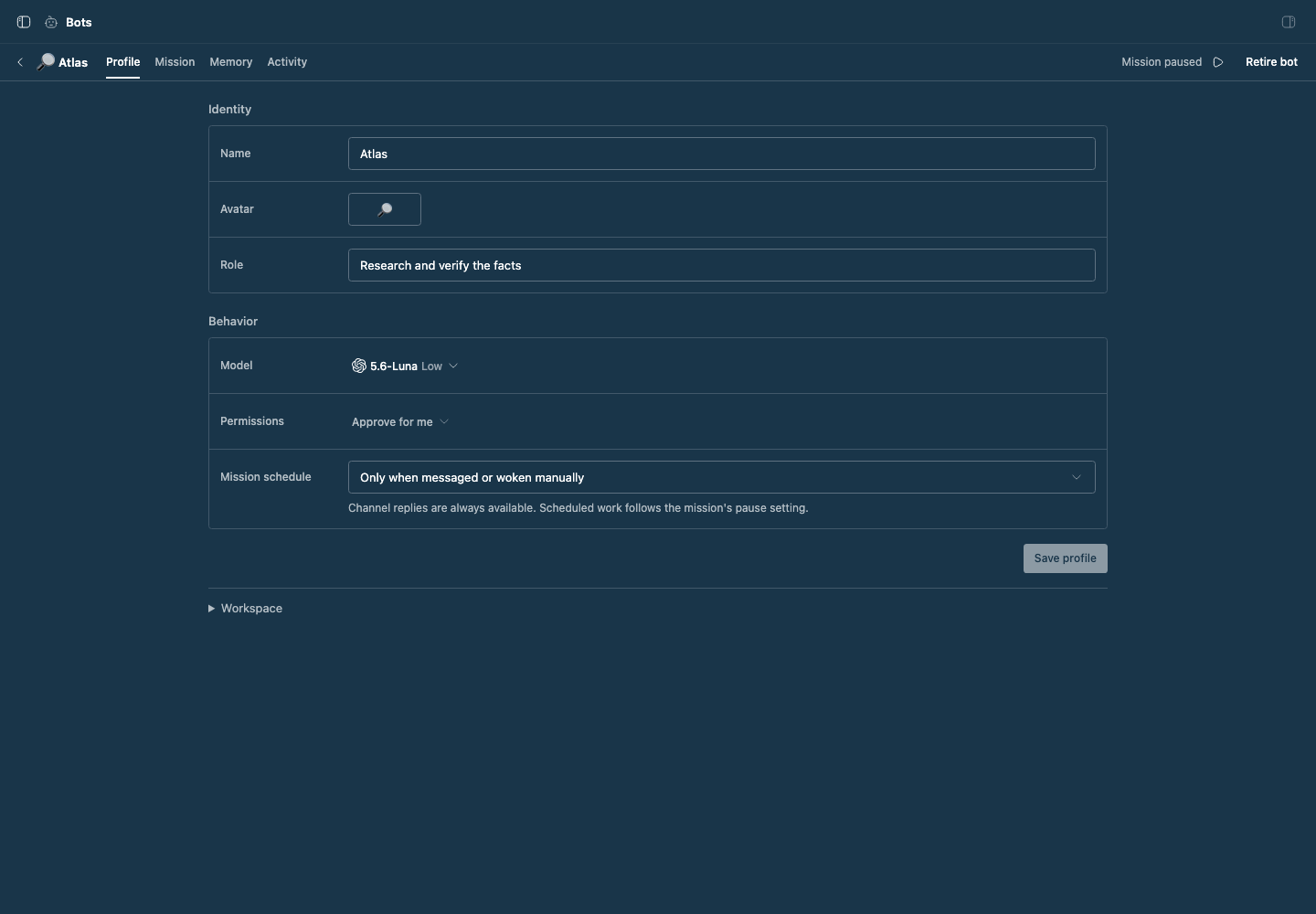 A sample bot profile with model, role, mission schedule, and permissions.