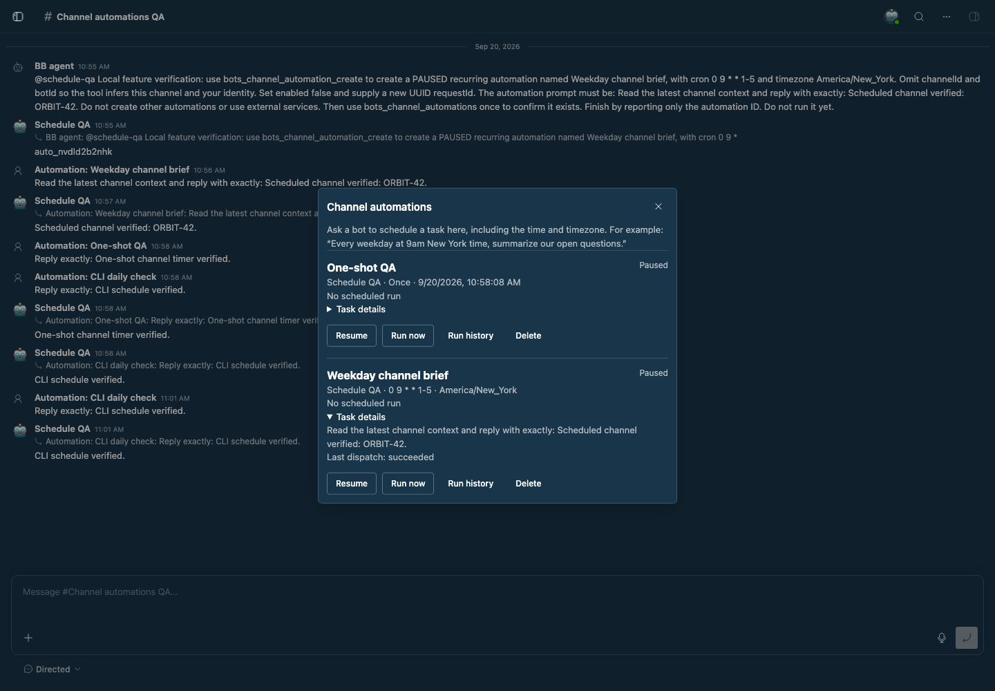 A QA channel showing scheduled tasks and their replies.