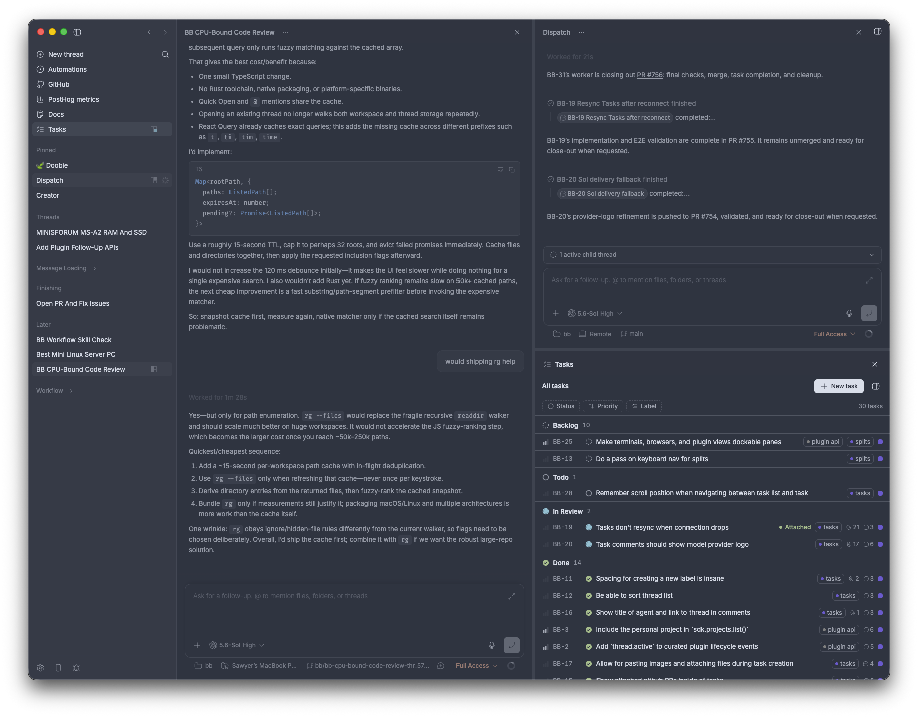 bb app screenshot showing parallel threads, a task view, and the sidebar.