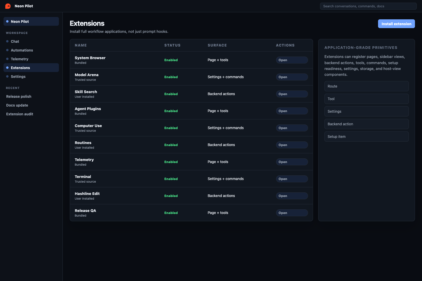Neon Pilot Extensions page showing installed extensions and the surfaces they contribute.