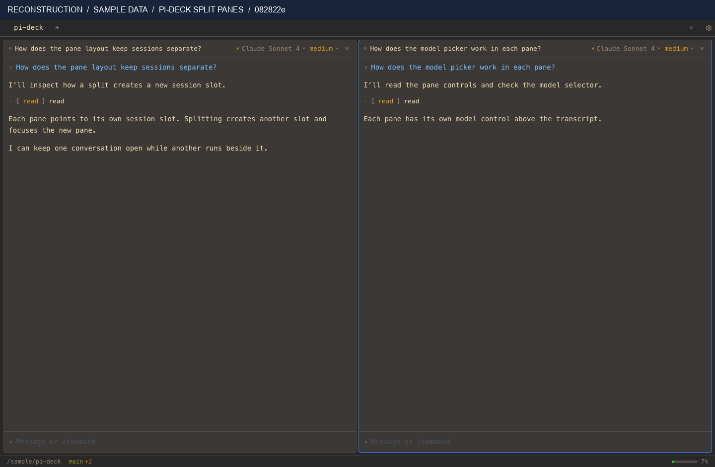 Reconstructed historical pi-deck split-pane interface with two sample conversations.