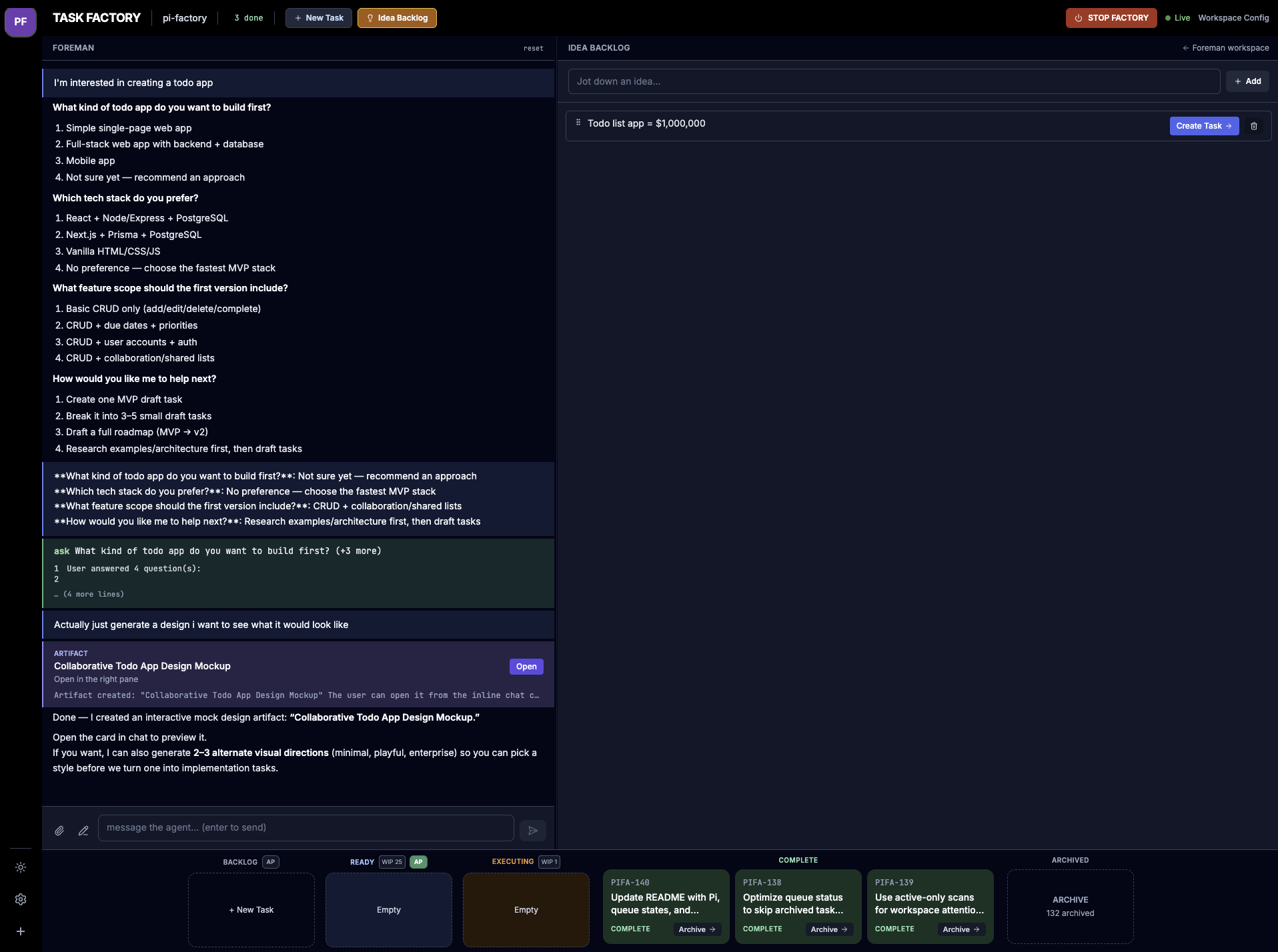 Task Factory idea backlog, Foreman conversation, and task pipeline.