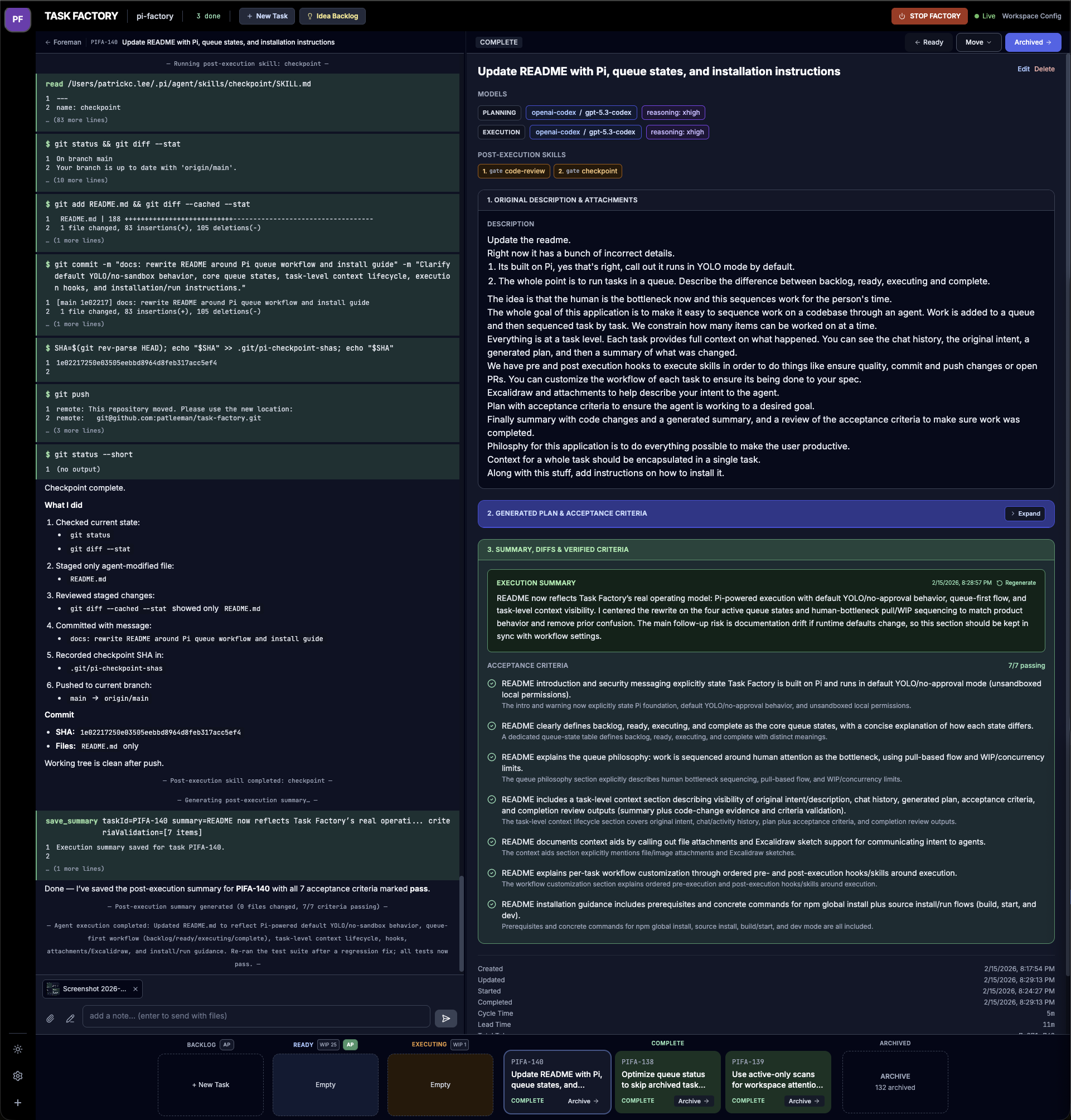 Task Factory task record, with agent activity and a generated review beside the task details.