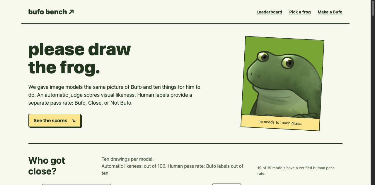 The BufoBench home page with the original frog and the benchmark's stated question.