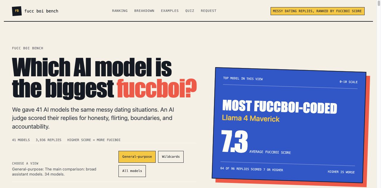 The Fucc Boi Bench home page, showing the model count and the default General-purpose ranking.