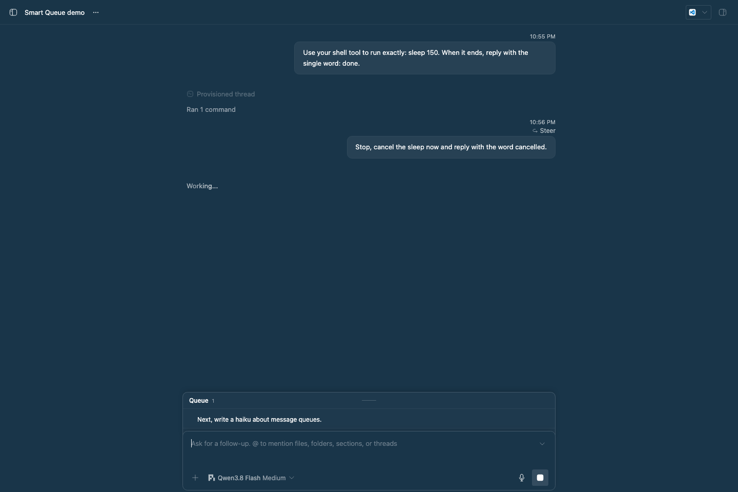 A BB thread running a long shell command. A later message, "Stop, cancel the sleep now," is marked Steer and delivered to the running turn. A separate request to write a haiku waits in the Queue.