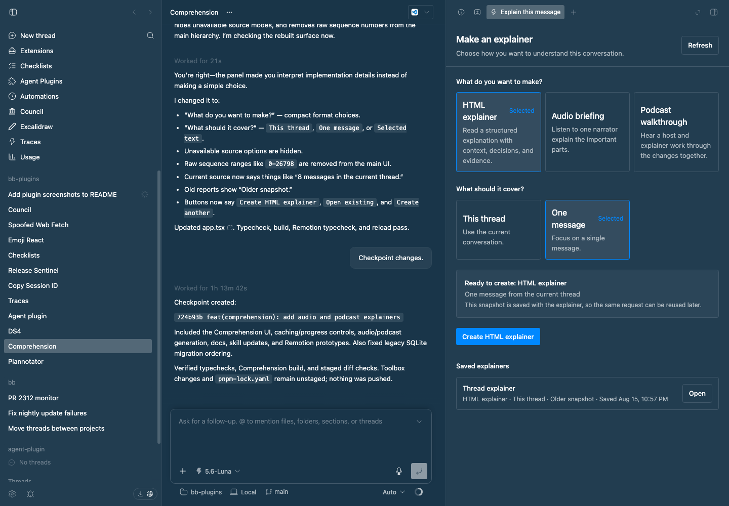 BB Comprehension plugin showing its choices for generating an HTML explainer, audio briefing, or podcast walkthrough.