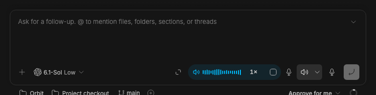 The composer while the agent is speaking: a blue pill with a speaker glyph, blue level bars, the speed 1×, and a stop button, beside the mic and speaker buttons.